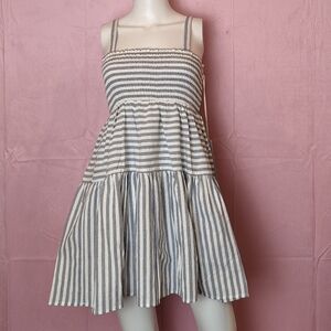 Urban Outfitters Linen Blue and White Striped Tiered Skirt Smocked Mini Dress M